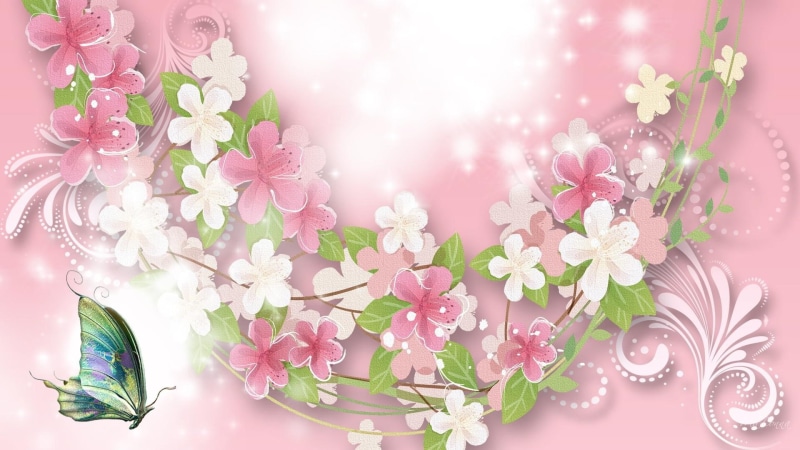 pinks, butterfly, flowers, feminine, white, persona, flora, 1080P, abstract, floral, 3d and abstract, pink, swirls