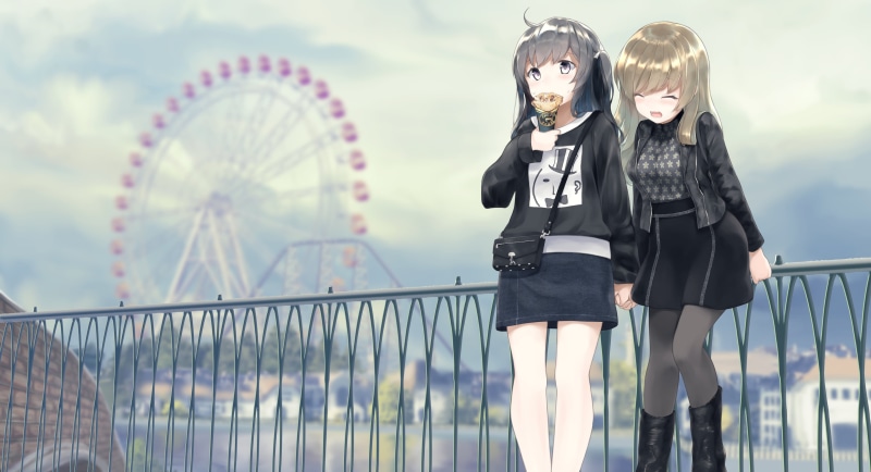 real people, holding hands, young adult, sky, women, 2K, couple, adult, city, architecture, anime girls, full length, lifestyles, built structure, travel destinations