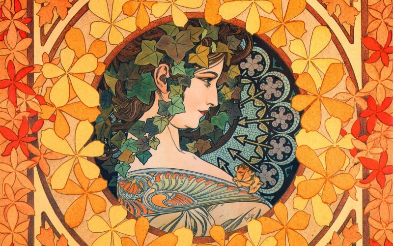 the girl with the ivy, Alphonse Mucha, 1080P, figure, composition, Alfons Maria Mucha, female image, painting