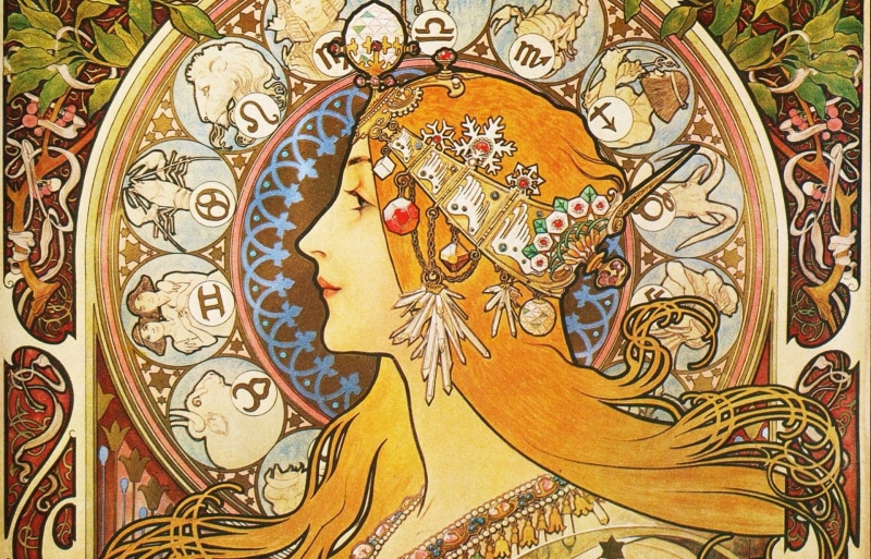 Alphonse Mucha, figure, painting, 1080P, female image, Zodiac, Alfons Maria Mucha