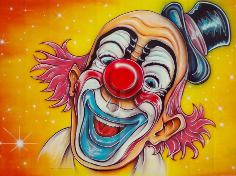 craft, fun fair, no people, creativity, multi colored, clown, portrait painting, circus, 2K, ornate, painting, day, portrait, vibrant color, indoors, painted image