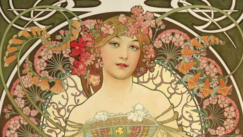 Alphonse Mucha, 1080P, composition, beauty with flowers, Alfons Maria Mucha, female images, painting, figure