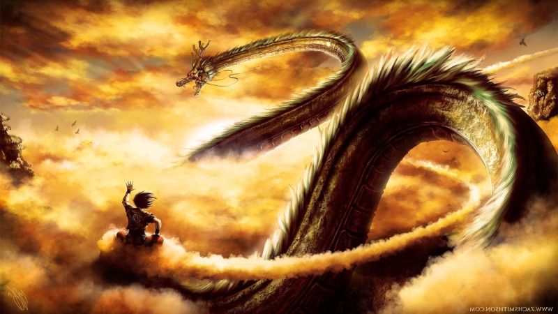 1080P, Dragon Ball Z, no people, outdoors, sky, motion, flying, cloud - sky, one animal, vertebrate, Shenron, mid-air, sunset, Son Goku, animals in the wild
