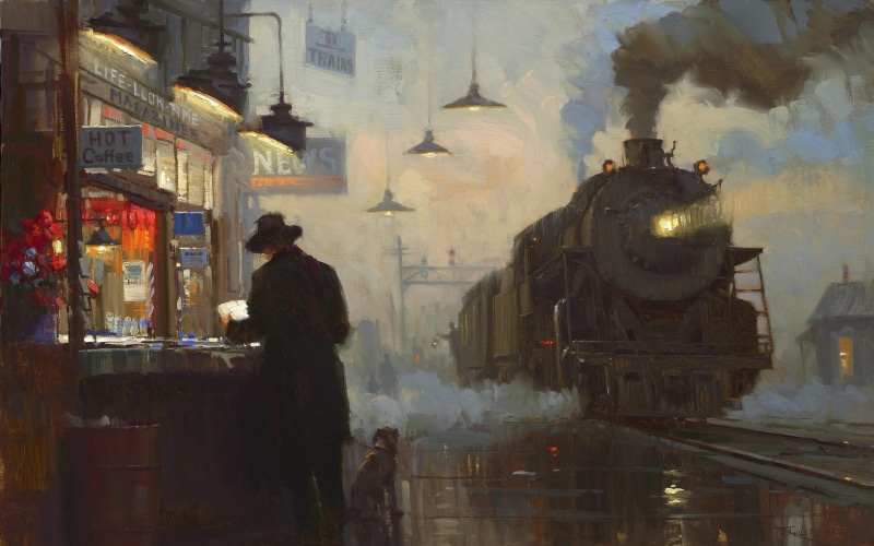 incidental people, clothing, street, smoke - physical structure, night, 1080P, adult, men, real people, railway train station painting steam locomotive train vintage classic art signs