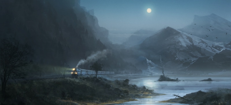 water, mountain, mountain range, artwork, beauty in nature, outdoors, environment, Moon, night, moonlight, transportation, nature, dark, travel, power in nature