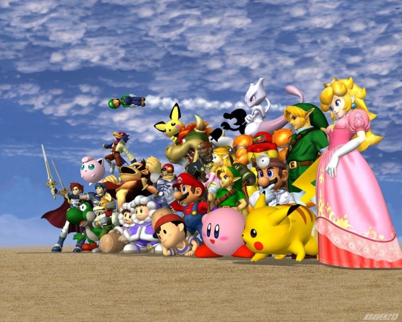 Super Smash Bros., outdoors, Mario, Donkey Kong, figurine, Ice Climbers (Nintendo), Jigglypuff (Pokémon), male likeness, nature, no people, Mewtwo (Pokémon)