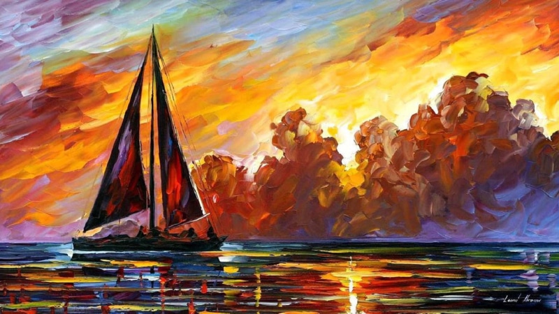 Leonid Afremov, 720P, painting, sea, artwork, sailboats