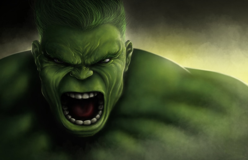 studio shot, indoors, Bruce Banner, negative emotion, hulk, mouth open, digital composite, Marvel Comics, green color, front view, incredible