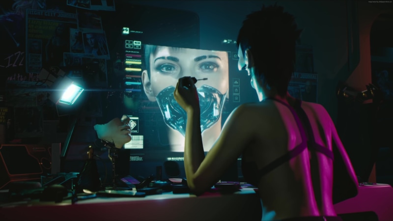 people, waist up, 4K, indoors, occupation, 4K, adult, rear view, fashion, men, preparation, screenshot, E3 2018, real people, reflection, women, Cyberpunk 2077
