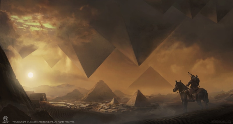 outdoors, group of animals, horse, Bayek, mammal, domestic, screenshot, Ubisoft, ride, artwork, lens flare, architecture, Sun, digital art, Pyramids of Giza