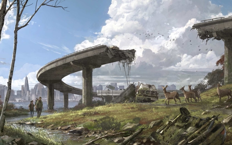 grass, plant, domestic, livestock, field, day, mammal, cloud - sky, artwork, video games, outdoors, The Last of Us, group of animals, domestic animals