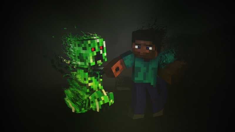 one person, character, dark, digital composite, green color, lifestyles, Steve, illuminated, lighting equipment, building, 1080P, Minecraft, architecture