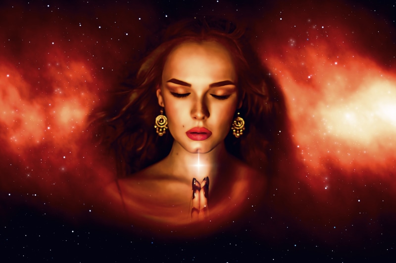young adult, one person, night, human face, fantasy portrait, front view, witch, fantasy, make-up, stars, female, composing, illuminated, ethereal, mystery