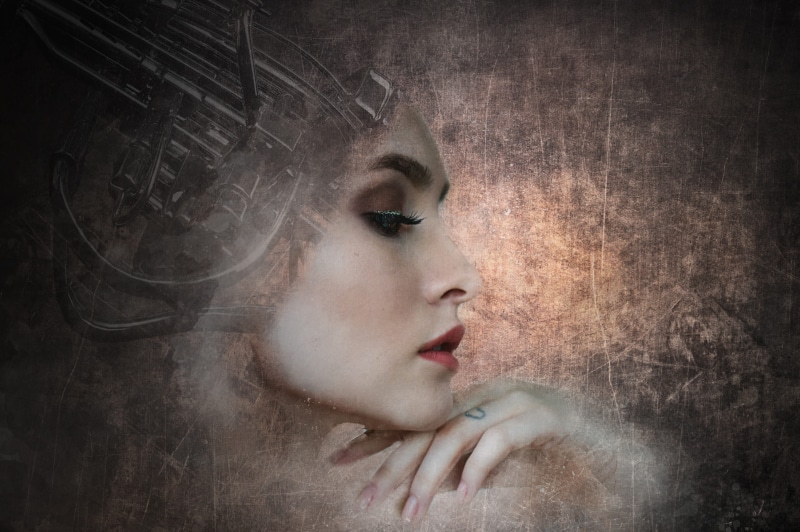 close-up, beautiful people, fashion, black background, depression - sadness, profile view, texture, digital composite, human face, 2K, ethereal, goth