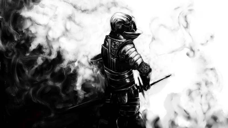 the past, 1080P, spirituality, sculpture, history, belief, religion, statue, low angle view, dark, knight, weapon, representation, smoke - physical structure