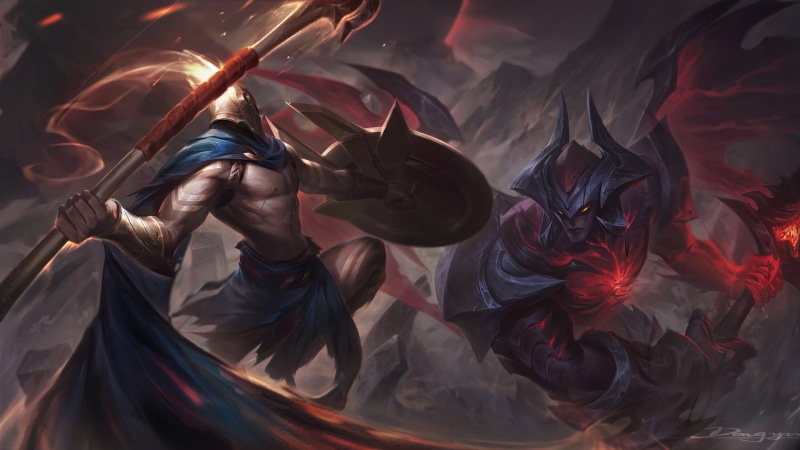 League of Legends, spear, Pantheon (League of Legends), Sparta, 1080P, Aatrox (League of Legends), Aatrox, red eyes