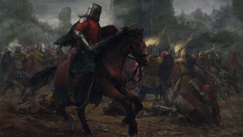field, smoke - physical structure, shield, men, war, real people, livestock, mammal, animal wildlife, working animal, armor, domestic animals, battle, people