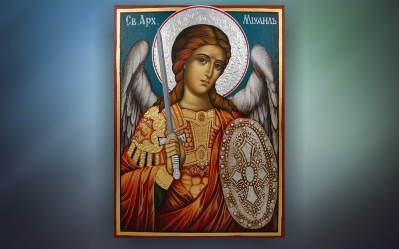 female likeness, 720P, looking, waist up, text, clothing, spirituality, Michael, one person, indoors, non-western script, archangel, angel of God, script