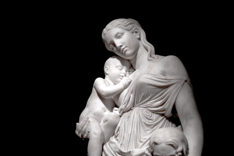 statue, bronze, woman, female likeness, studio shot, art and craft, representation, love, human, figurine, belief, religion, feeding, torso, creativity