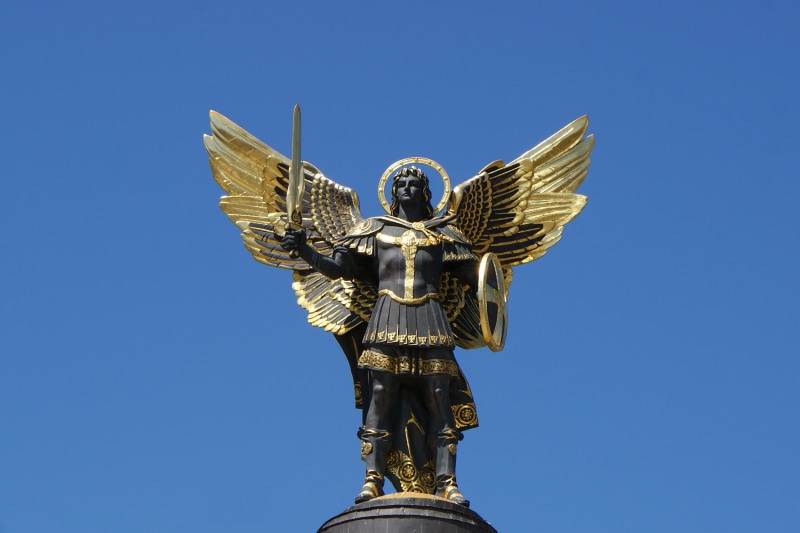 kyiv, craft, built structure, man, monument, wings, statue, skies, human representation, architecture, clear sky, gold colored, archangel michael, sword