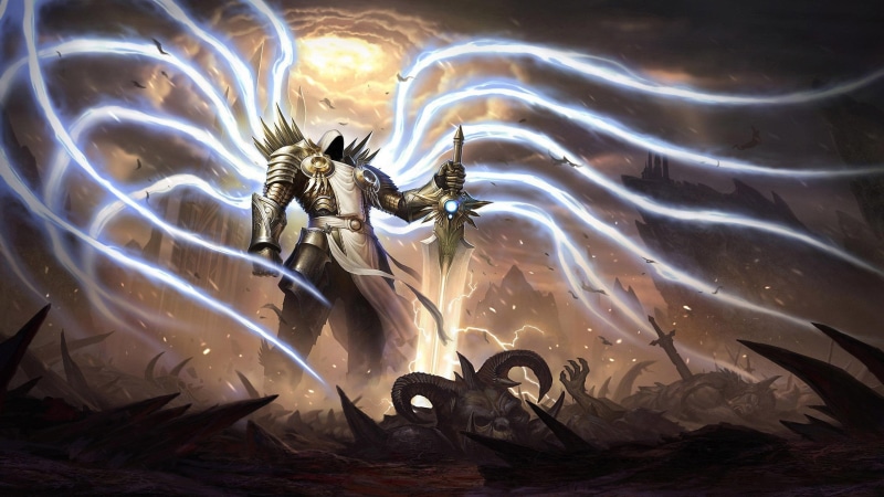 iii, holding, tyrael, knight, diablo iii, diablo, sword, 2560x1440, 2K, illustration, games