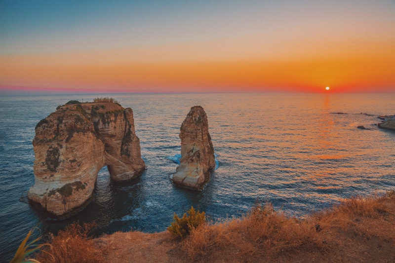 idyllic, tranquility, 5K, horizon over water, horizon, sunset, no people, beirut, beauty in nature, scenics - nature, nature, water, raouché, sky, rock
