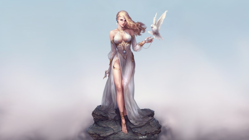 drawing, anklet, digital art, birds, dove, original characters, blue eyes, dress, tiaras, blonde, 8K, barefoot, artwork, jewelry, cleavage, looking at viewer