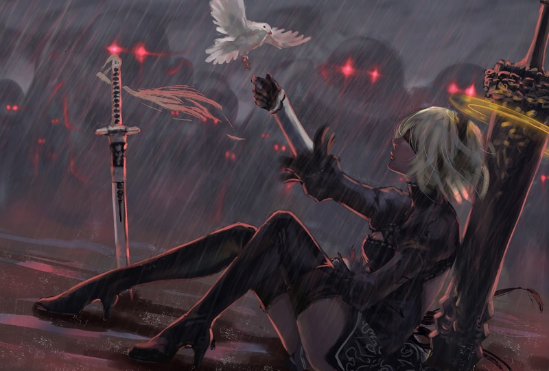 White Hair, Glow, Black Dress, Katana, NieR: Automata, High Heels, Glove, Weapon, Rain, Robot, Glowing Eyes, YoRHa No.2 Type B, Girl, Short Hair, Bird
