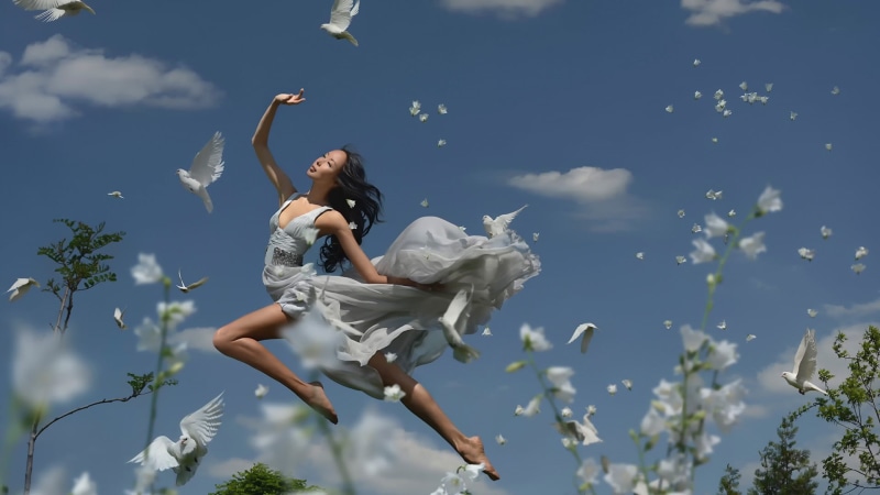 positive emotion, emotion, leisure activity, nature, Asian, sky, 1080P, plant, outdoors, mid-air, adult, lifestyles, people, young women, women, low angle view