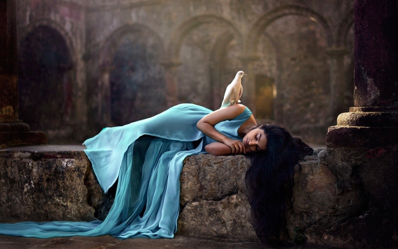 real people, outdoors, Indian, blue dress, women, built structure, full length, architecture, adult, hair, pillar, beautiful woman, dove, 720P, fashion