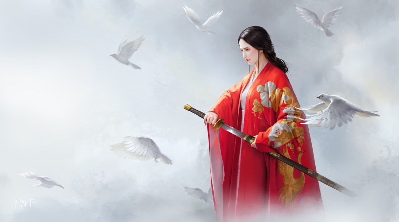 animals in the wild, nature, animal wildlife, flying, vertebrate, brunette, women, Tunic, one person, katana, hoods, young adult, makeup, 1080P, group of animals