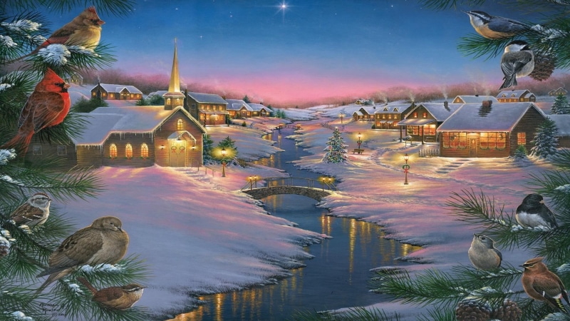 church, 1080P, wren, snow, river, tree, christmas, silent, bridge, village, nuthatch, dove, cardinal, sparrow, night, birds