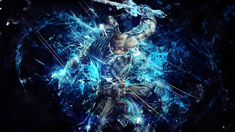 swimming, kombat, night, creativity, real people, arms raised, video games, indoors, motion, computer Graphic, front view, black Color, Sub-Zero, sea, water