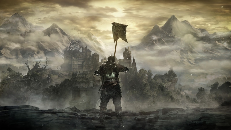  Dark Souls, banner, magic, 4K, nature, outdoors, holding, communication, Dark Souls III, Gothic, fog, rear view, sky, adult, standing, one person