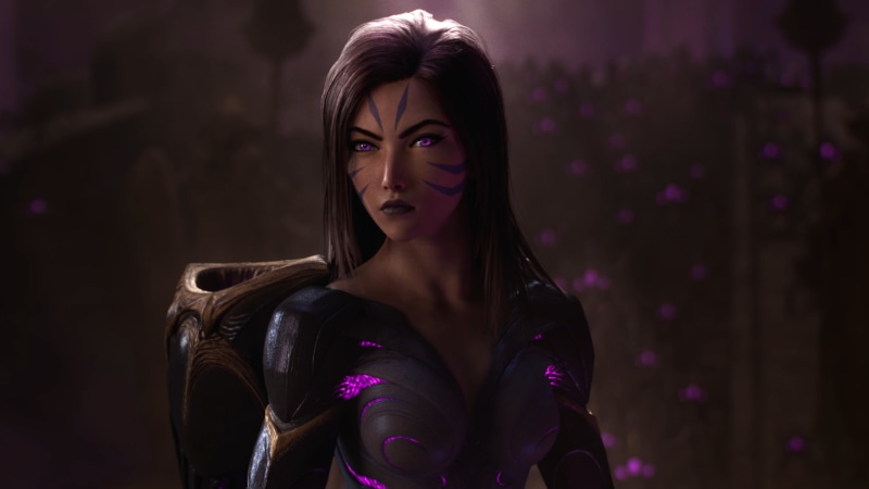 shield, kaisa, pink dress, KaiSa, League of Legends, science fiction, hair, rocket, costumes, 4K, women, weapon