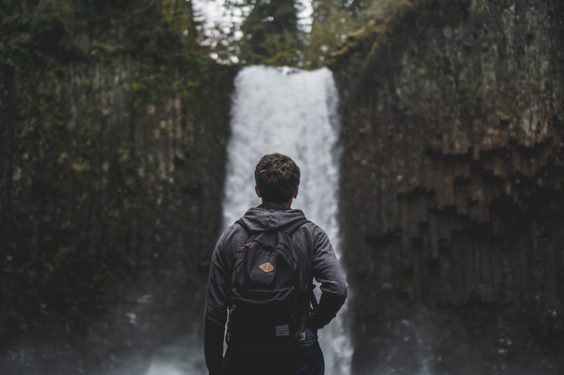 rear view, black, day, one person, standing, clothing, person, backwards, men, hike, backpack, lifestyles, guy, landscape, focus on foreground, outdoors