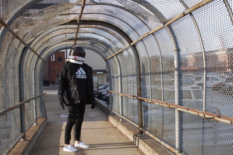 architecture, rear view, day, lifestyles, full length, urban, casual clothing, mask, ruleofthird, footbridge, adida, bridge, real people, leisure activity