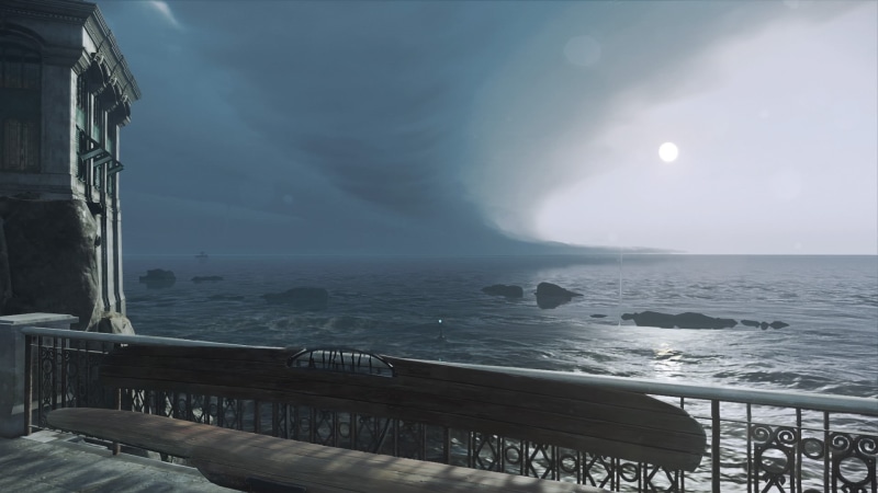 landscape, karnaka, Dunwall, dishonored 2, 1080P, island, clouds, bench, Dishonored, coast, steampunk, sunflowers