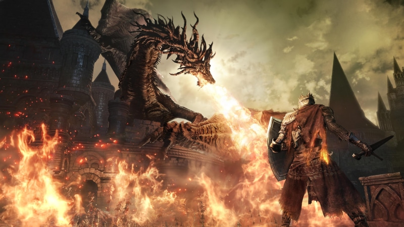 artwork, midevil, dark, Dark Souls, 4K, dragon, Dark Souls III, video games, fighting, knight, castle, fire, sword, landscape, Gothic