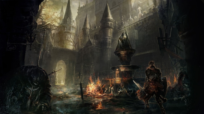Knights, fire, Midevil, video games, Fighting, landscape, sword, Dark Souls, Gothic, Dark, 1080P, castle, Dark Souls III