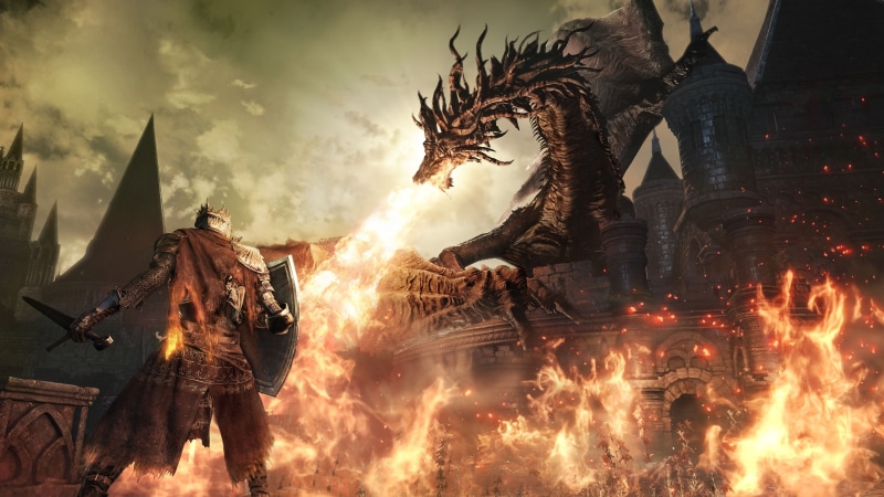 Fighting, fire, sword, Dark Souls, Knights, landscape, Dark, video games, Dark Souls III, 4K, castle, Midevil, Gothic