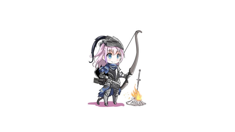 Fatkewell, Artorias the Abysswalker, 2K, AR15 (Girls Frontline), Dark Souls, bonfire, chibi, pink hair, bow