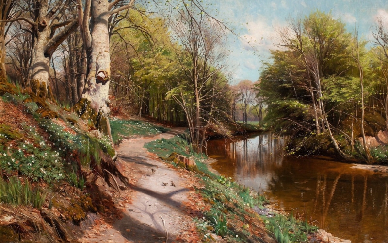 Danish painter, Spring landscape with water, Peder Mørk Mønsted, Peter Merk Of Menstad, 2K, 1909, Danish realist painter