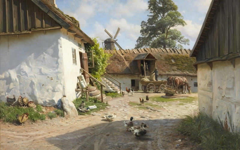 livestock, plant, building exterior, The watermill in Blaance, no people, Danish realist painter, pets, domestic animals, 1921, animal themes, animal, group of animals