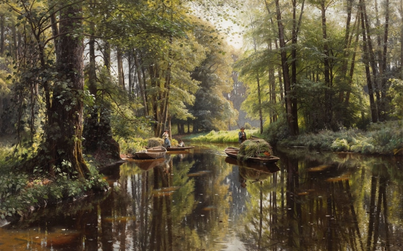 4K, day, Spreewald, tranquility, Danish realist painter, nature, tree trunk, 1913, lake, tranquil scene, forest, woodland, Danish painter, tree, waterfront