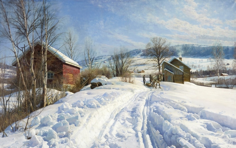 Danish painter, Mountain landscape on a Sunny winter day, Danish realist painter, Peder Mørk Mønsted, Peter Merk Of Menstad, 1923, 1080P