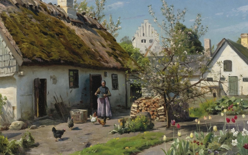 Danish realist painter, Peder Mørk Mønsted, Spring in Hjembaek, 1080P, Peter Merk Of Menstad, 1924, Danish painter, Spring is in Hjemmet
