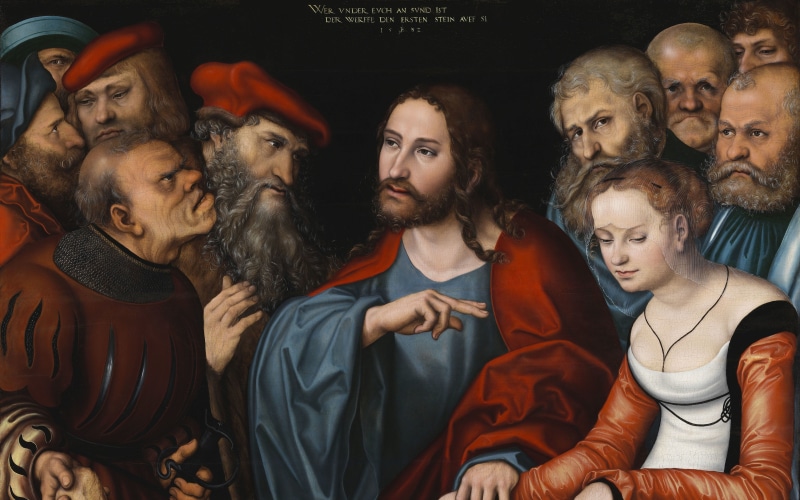 Lucas Cranach The Elder, Christ and the adulterous woman, 5K, German Renaissance painter, German painter of the Renaissance, Museum of Fine Arts Budapest