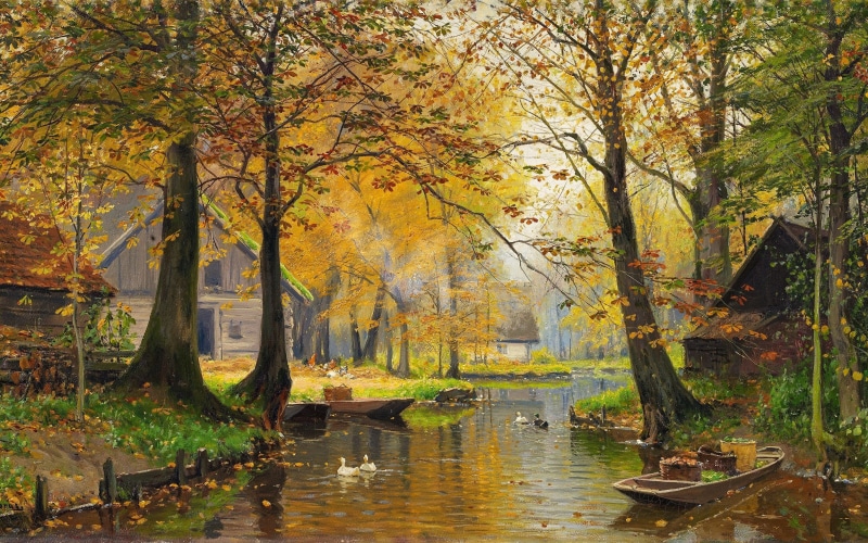 Spreewald in autumn, 2K, Spreewald fall, Spreewald village in autumn, German landscape painter, German painter, Walter Moras, oil on canvas