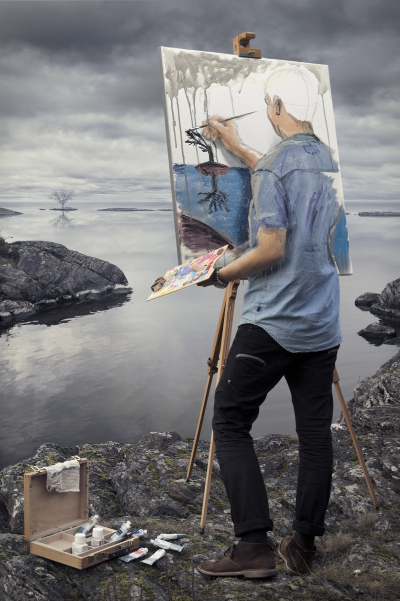 nature, men, paint splatter, painters, surreal, 4K, optical illusion, stones, landscape, clouds, boxes, painting, portrait display, rock, lake, trees